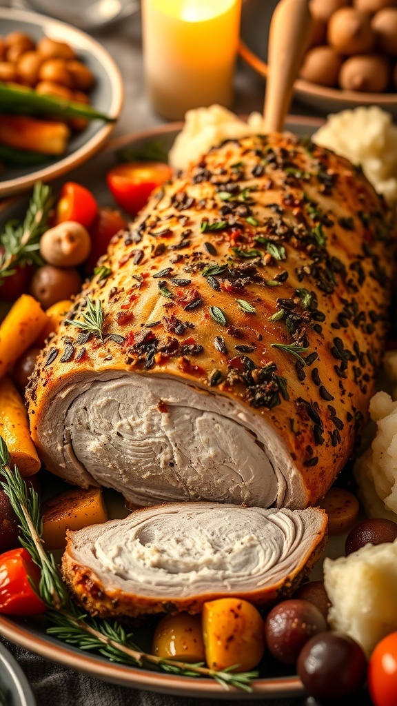 Herb-crusted pork loin on a festive table with roasted vegetables and candles.